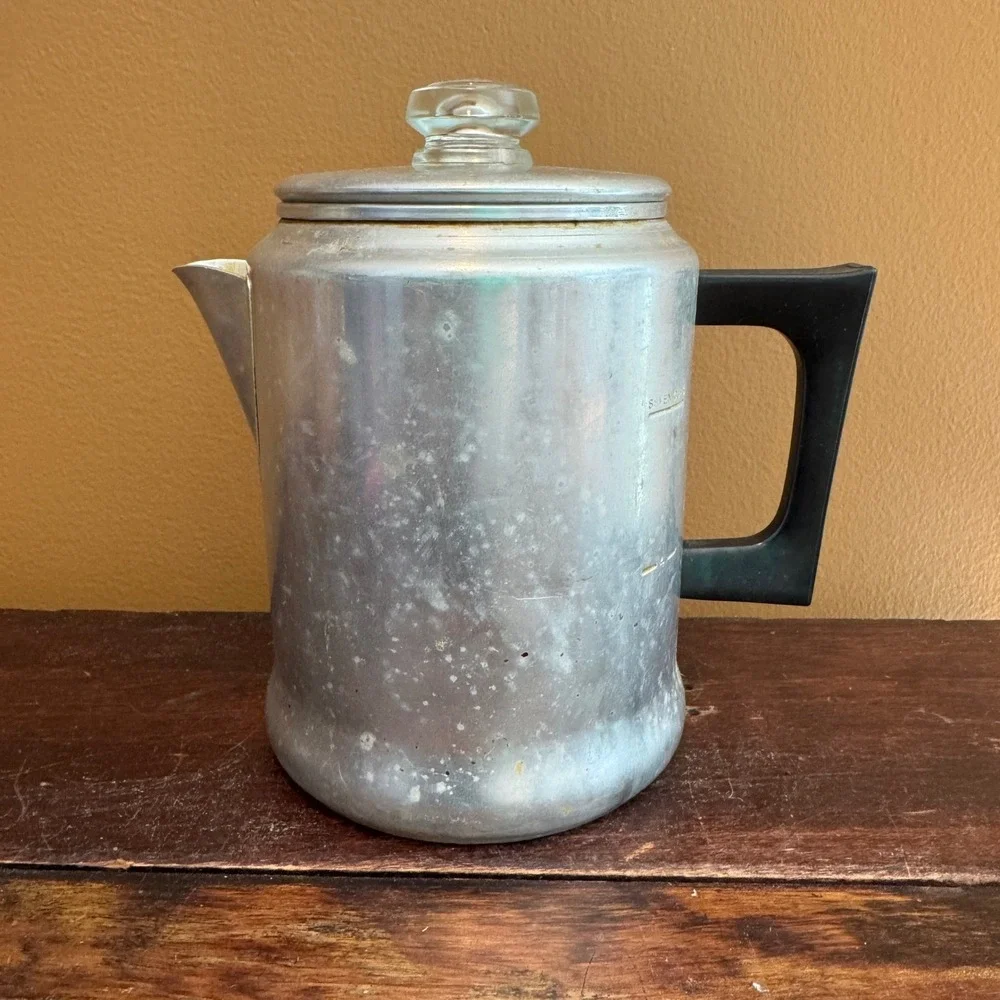 Vintage Aluminum 7 Cup Coffee Percolator Black Handle Glass‎ Top Camping Kitchen